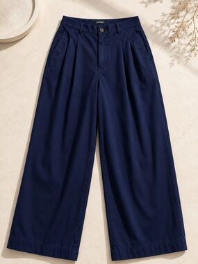 L.L. Bean Navy Wide-Leg Pleated Chinos